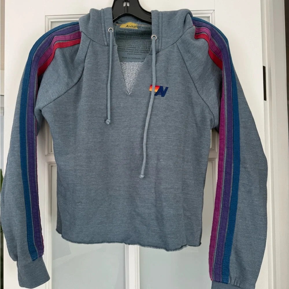 Aviator Nation Gray Hoodie with Multicolor Stripes - Picture 1 of 5